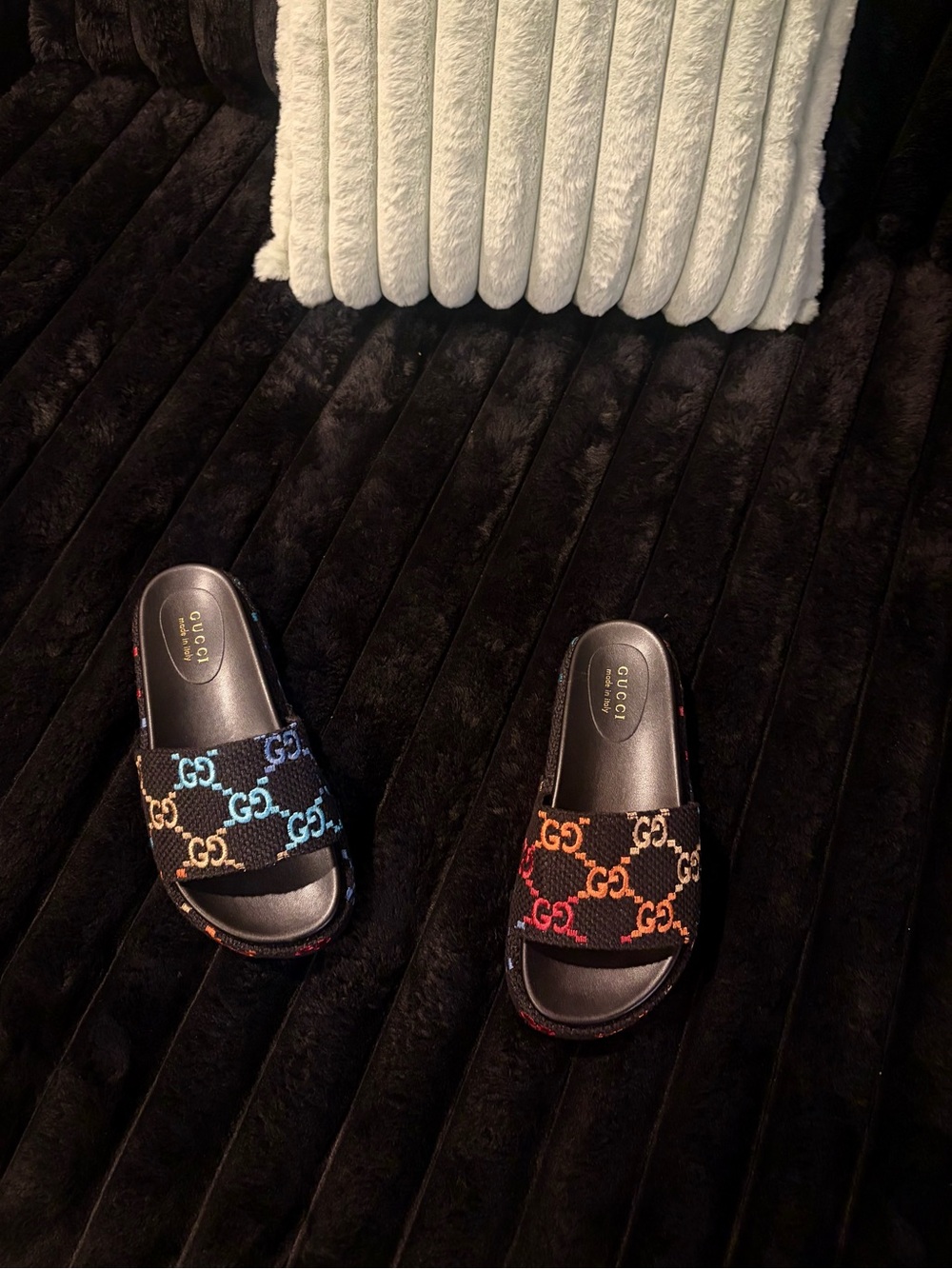 Gucci Women’s Black Rainbow GG Slide Sandals - Size 38